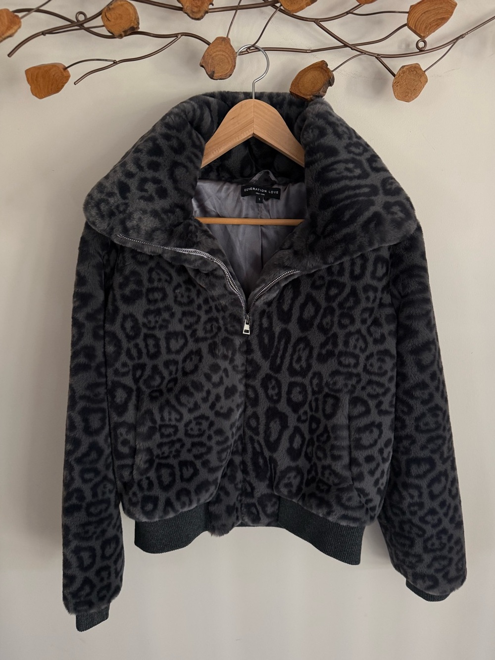 Generation Love Heidi Gray Leopard Print Faux Fur Bomber Jacket